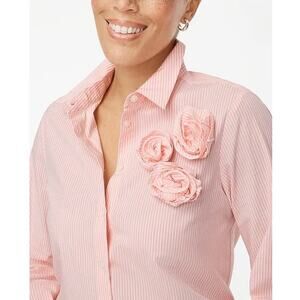 J.Crew Striped Rosette Button-up Shirt WMNS M Pink White 3D Flower Long Sleeve